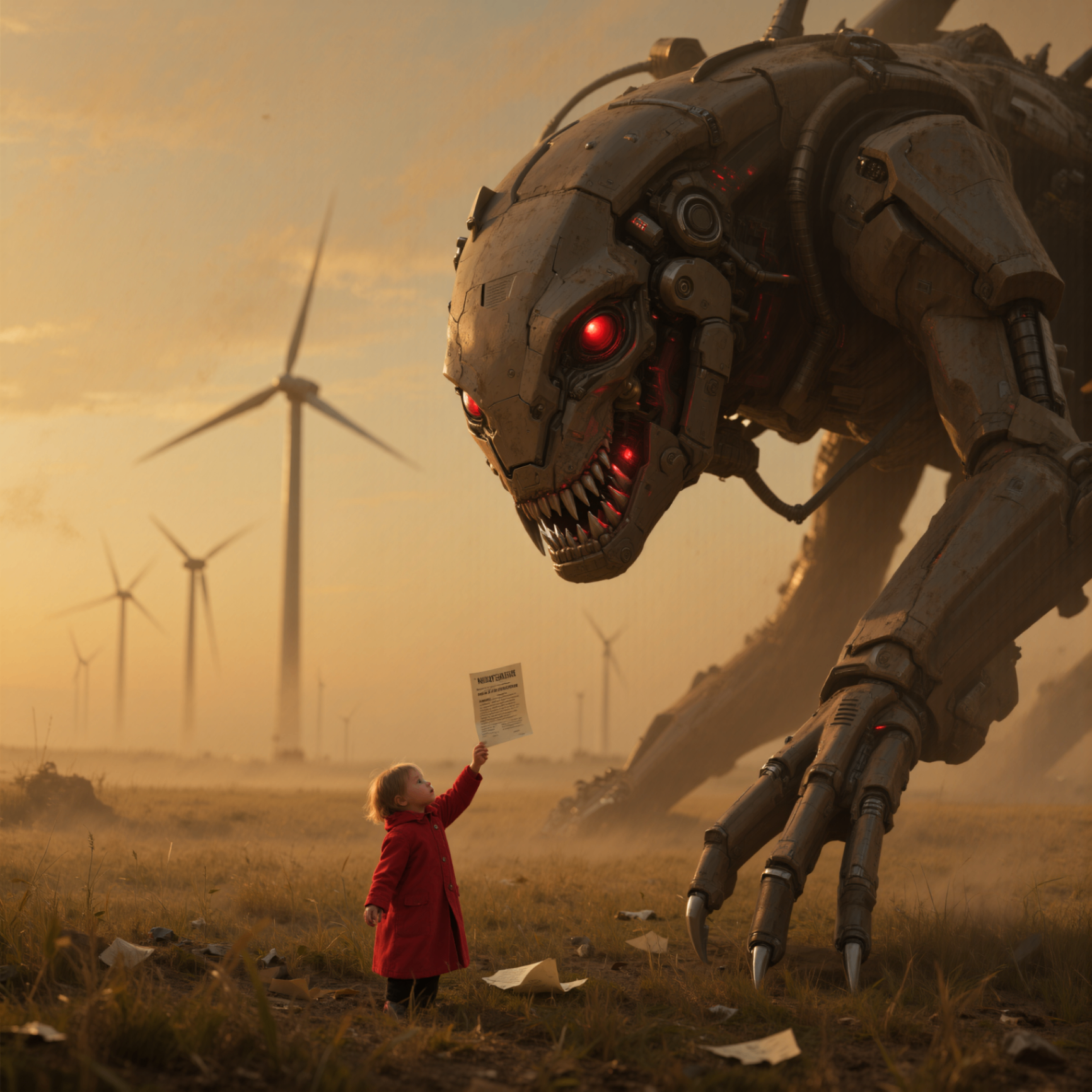 A small child in a red coat holds up a single sheet of paper to a towering machine at dusk